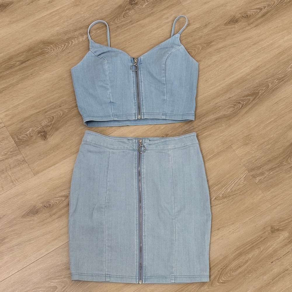 Light Blue Women's Denim Skirt Set